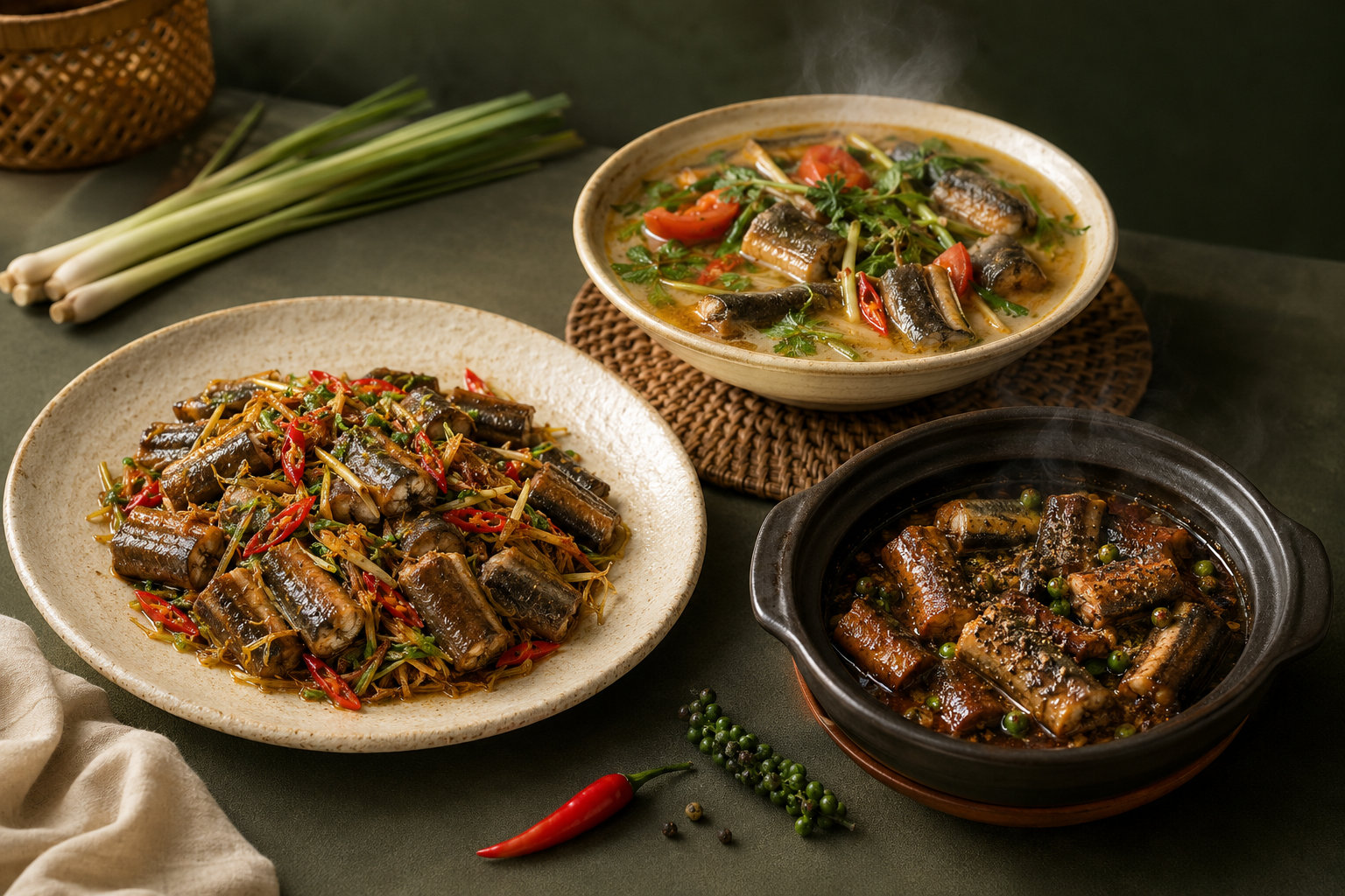 Ba món lươn xào sả ớt, kho tiêu và nấu mẻ